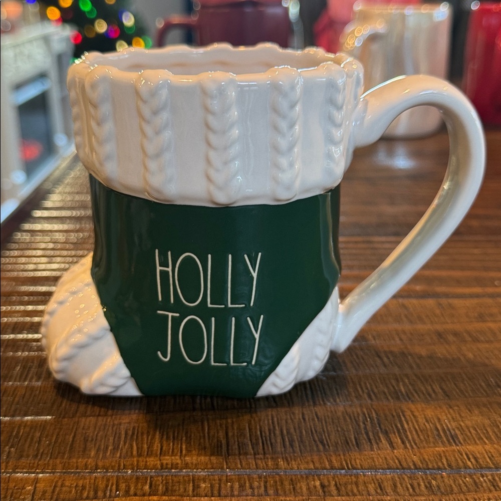 Rae Dunn Holly Jolly Green & White Stocking Mug